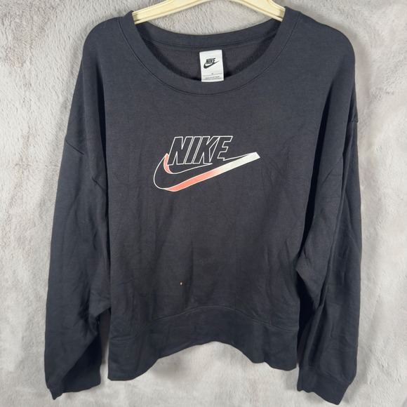 Nike Womens Plus Size 1X Black Graphic Logo Fleece Pullover Sweatshirt Relaxed - Picture 2 of 8